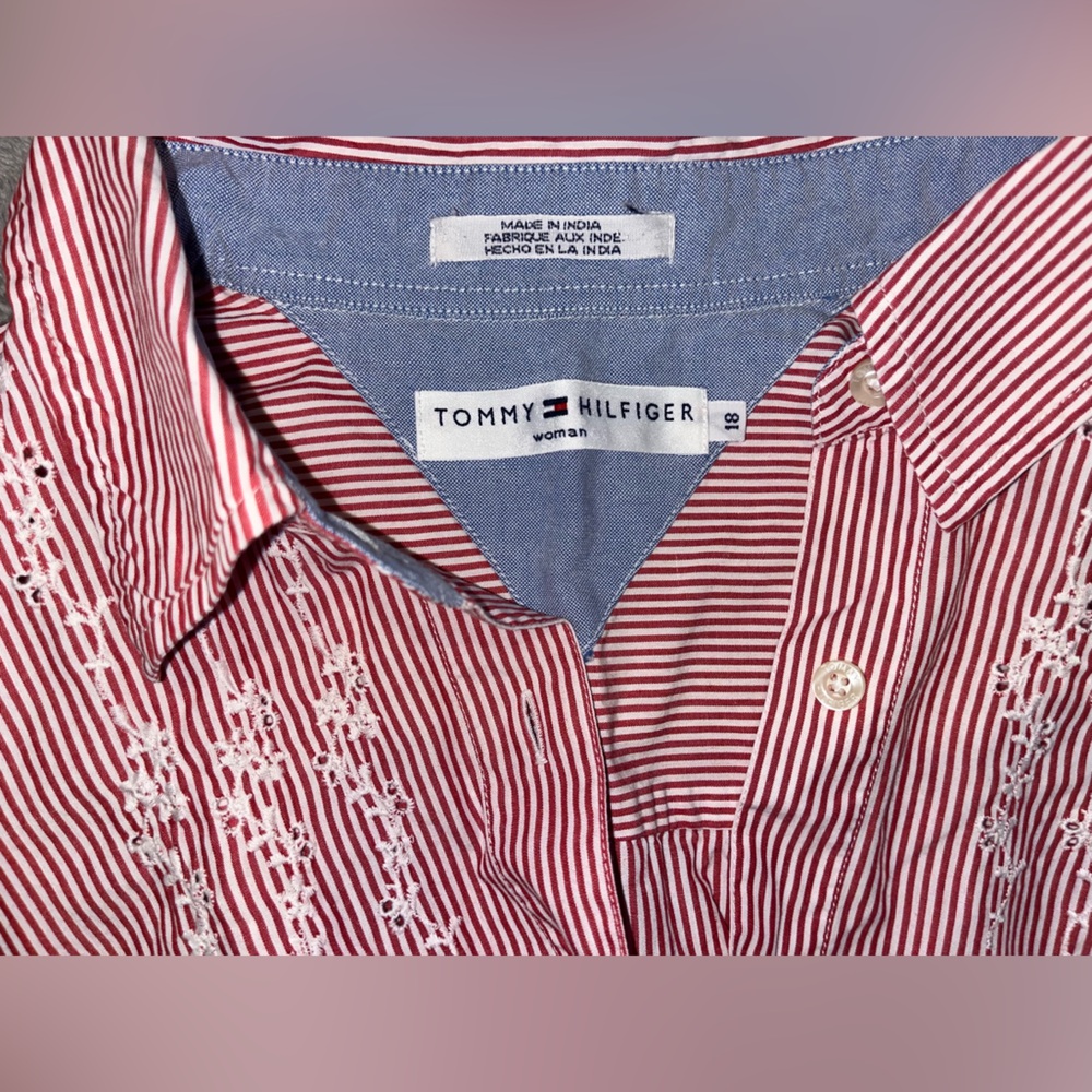 Tommy Hilfiger Red and White Casual Button Down Shirt 3/4